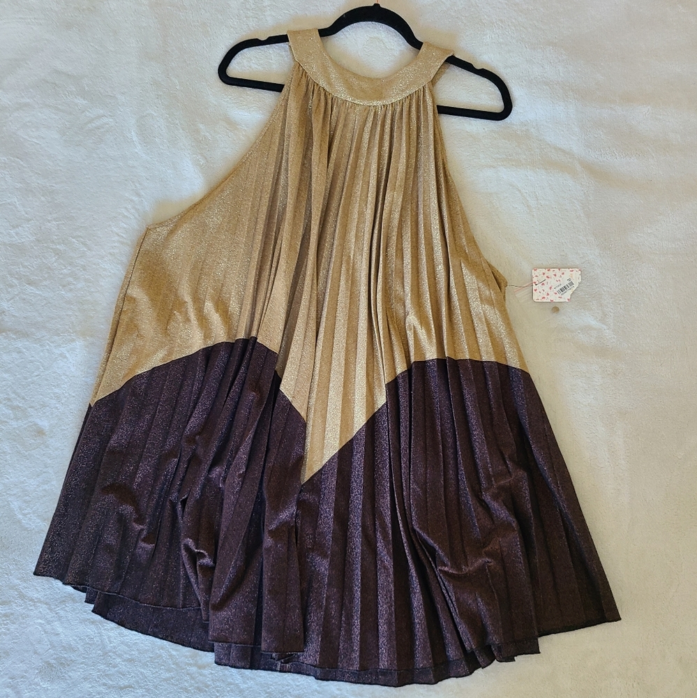 NWT Free People Pleated Love Metallic Mini Dress Gold and Brown Size L Party